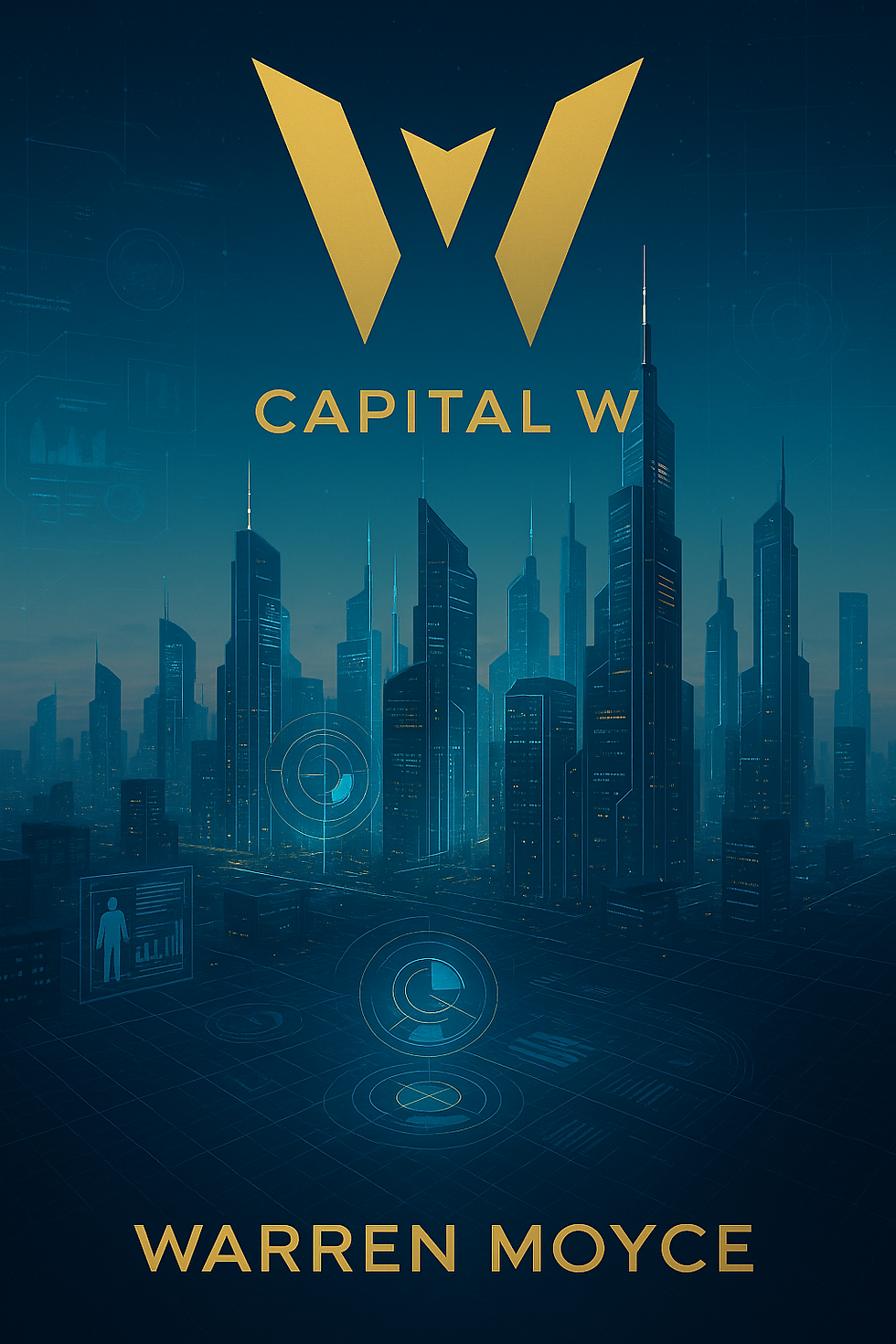 Futuristic cityscape with skyscrapers, digital screens, and blue hues. Gold text reads "Capital W" and "Warren Moyce" above and below.