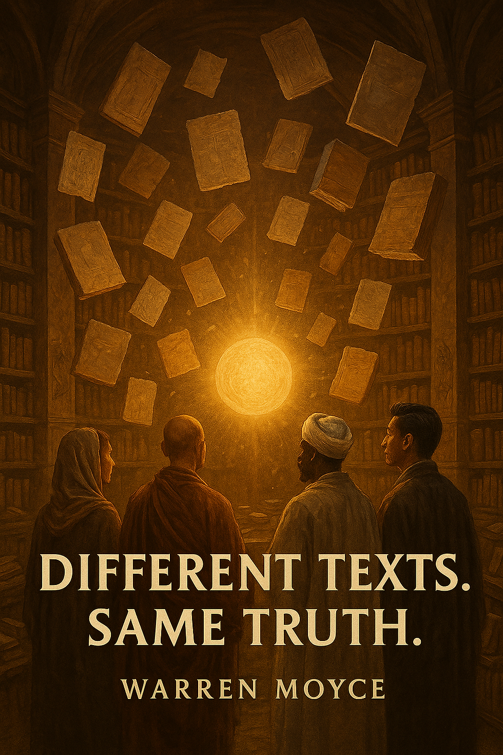 People in robes and a suit admire floating books around a glowing orb in a library. "Different Texts. Same Truth." by Warren Moyce.