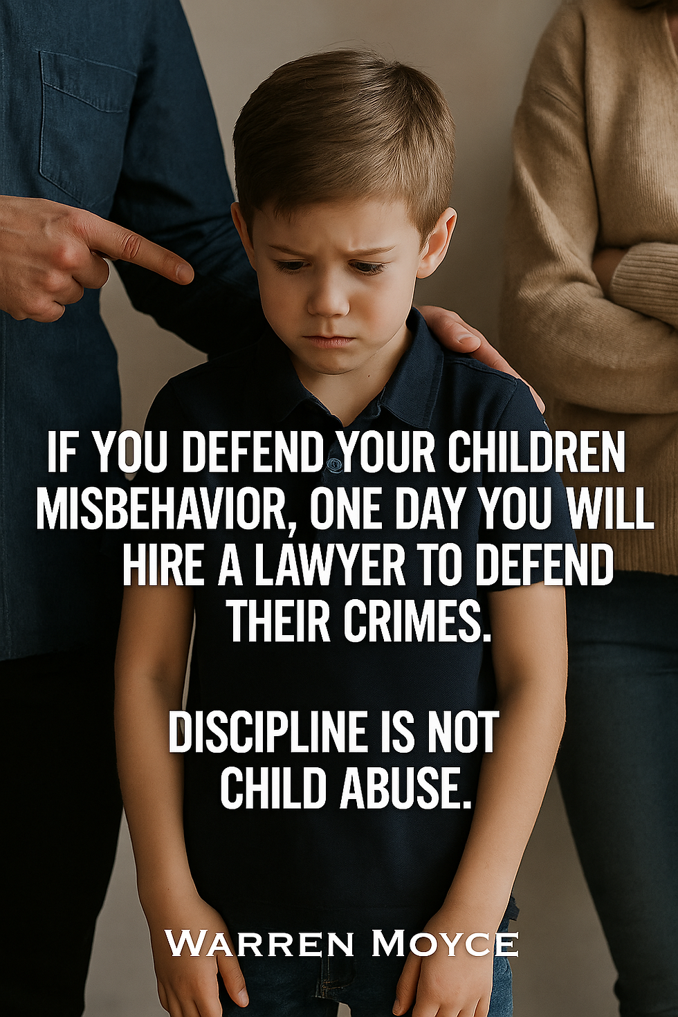 A sad boy is comforted by an adult's hand while another points at him. Text reads: "If you defend... Discipline is not child abuse."