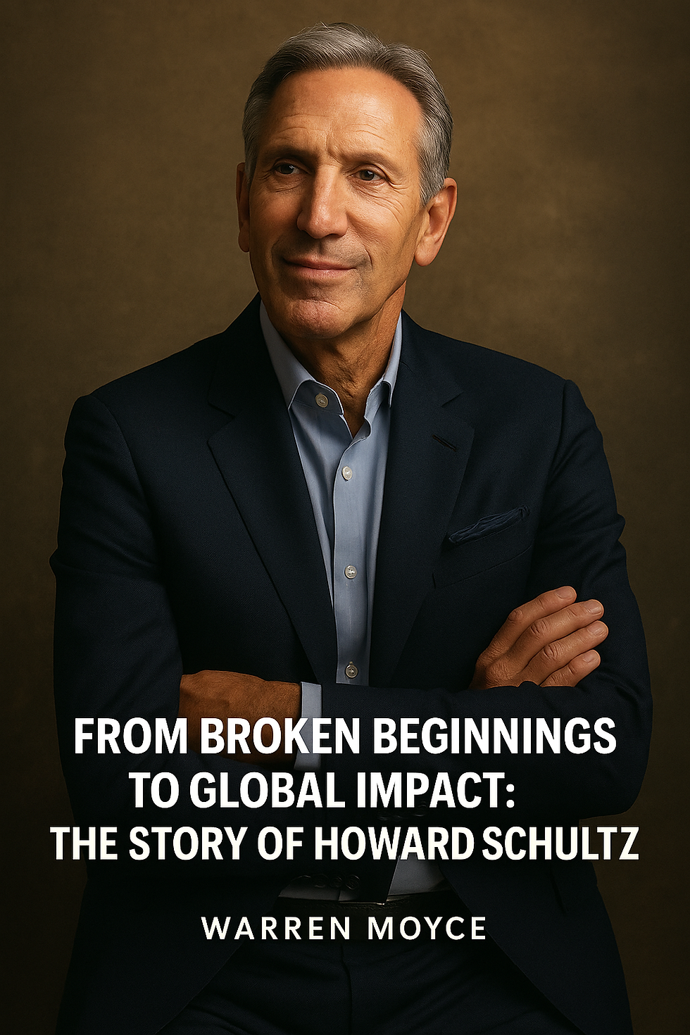 Man in a navy suit with arms crossed, looking thoughtful. Brown background. Text: "From Broken Beginnings to Global Impact: The Story of Howard Schultz" by Warren Moyce.