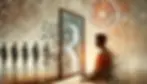 A reflective and symbolic image showing a person looking into a mirror, with their reflection fragmented into pieces that represent personal history, memories, and experiences. Surrounding the scene are faint shadows of other figures, symbolizing external judgments and opinions. The background is adorned with abstract, interconnected patterns, illustrating the complexities of human perspectives. The lighting is soft, with warm and cool tones creating an introspective atmosphere.