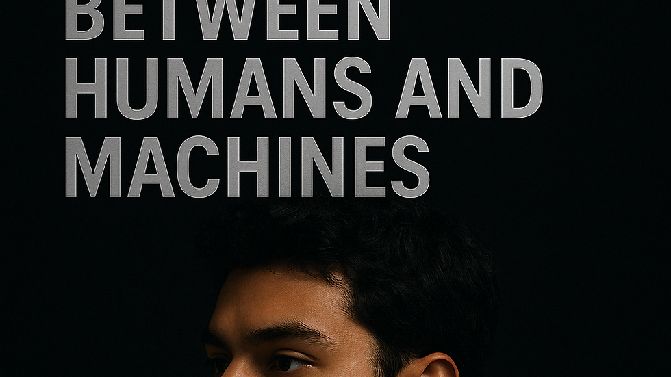 Man with futuristic neck device on black background; text reads "The First Telepathic Conversation Between Humans and Machines."