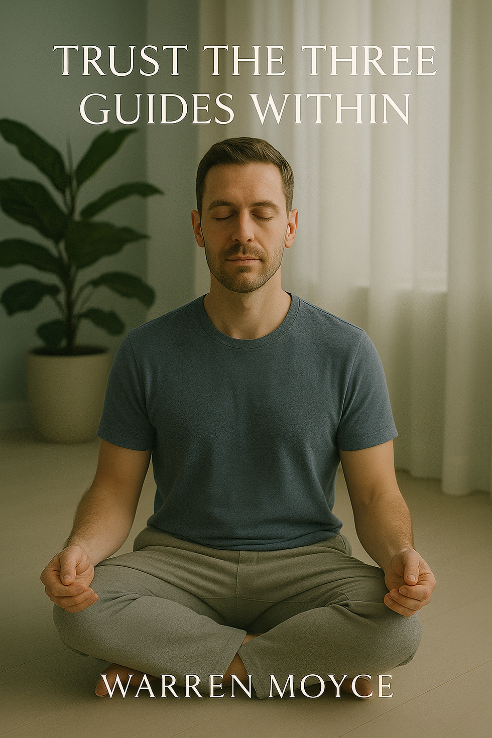 Man meditating with closed eyes, seated cross-legged in a serene room. Text reads "TRUST THE THREE GUIDES WITHIN" and "WARREN MOYCE."