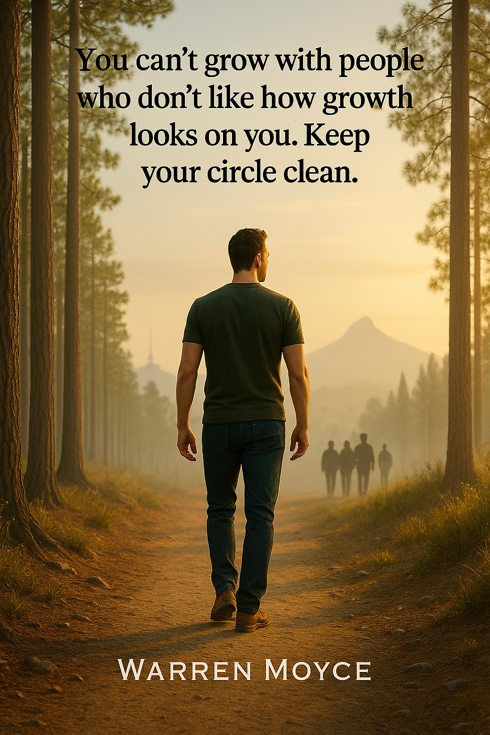 Man walking on a forest path at sunset. Text reads: "You can’t grow with people who don’t like how growth looks on you. Keep your circle clean. Warren Moyce."