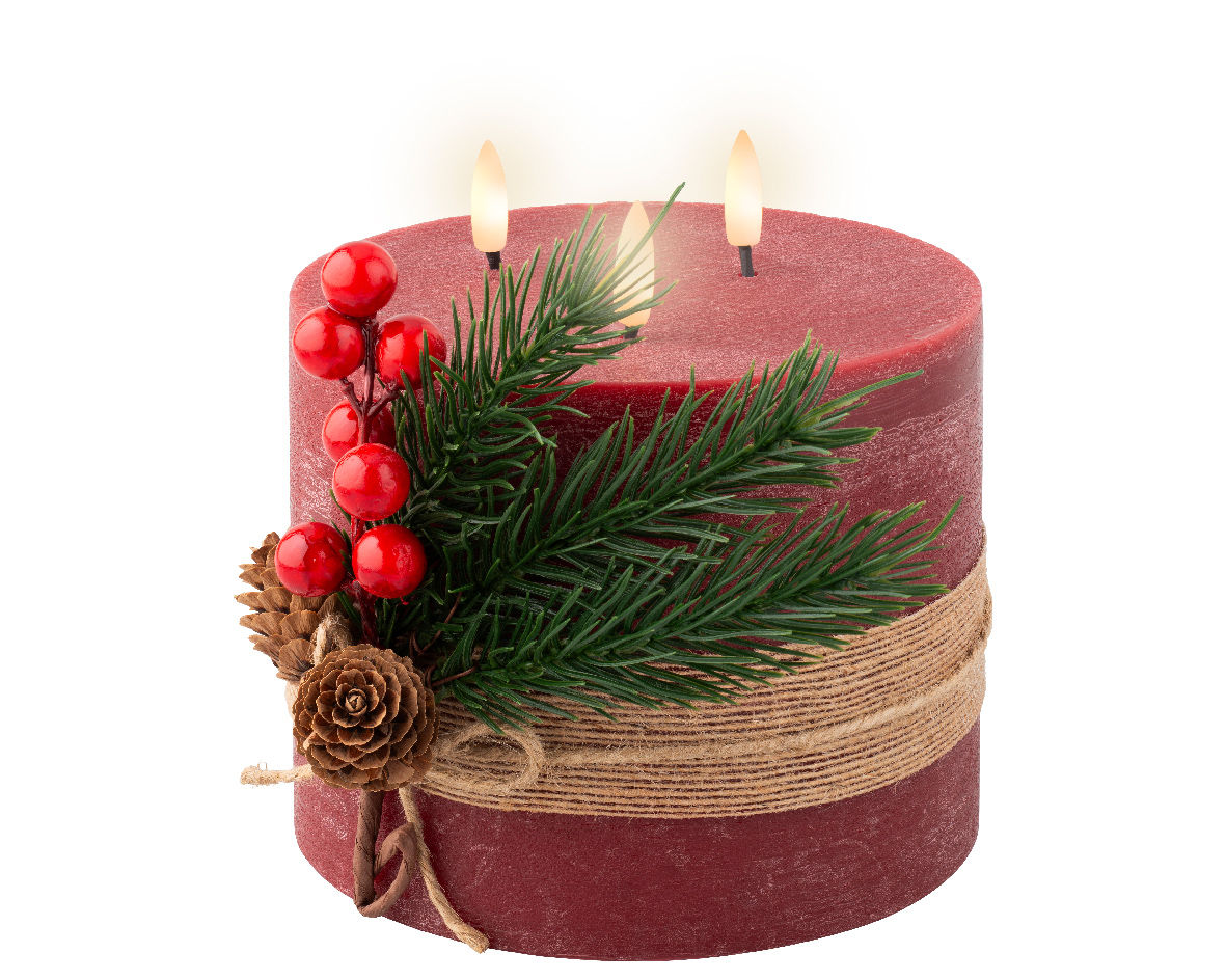 Vela LED de cera, tres mechas de llama decorada. Diámetro 15cm x Alto 15cm.