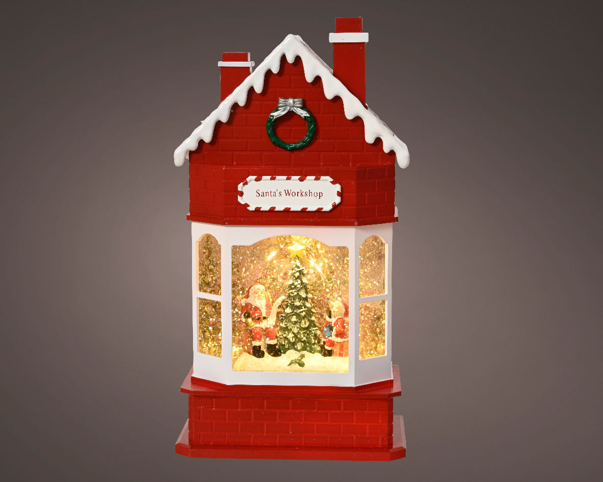 Casita de agua musical, luz LED. Largo 9cm x Ancho 15.3cm x Alto 28.8cm.