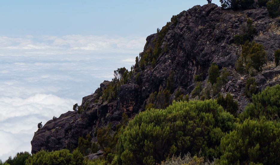Photographie d'une mer de nuage et d'un porteur pendant l'ascension du Kilimandjaro pendant la voie Machame en 6 jours