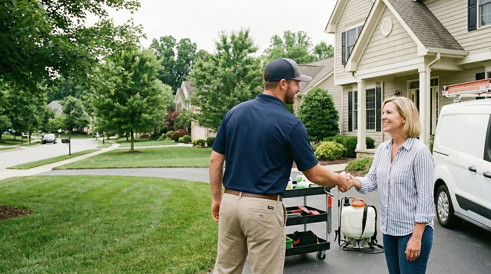 Local LawnJob operator greeting a homeowner at a suburban property before starting lawn care service