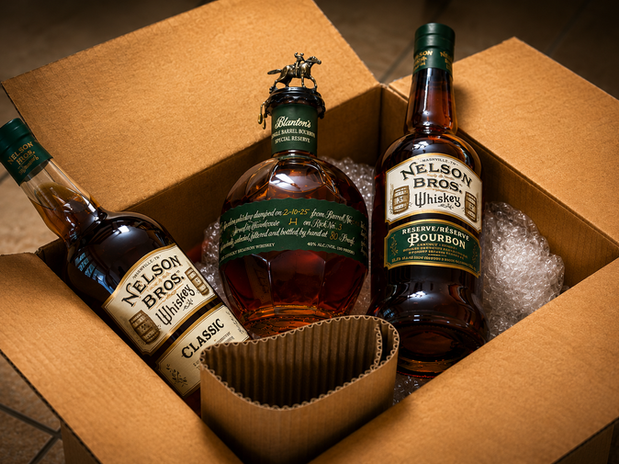 A thoughtfully packed box featuring a selection of premium spirits, including Nelson Bros. Classic Whiskey, Blanton's Single Barrel Bourbon, and Nelson Bros. Reserve Bourbon, nestled in protective bubble wrap.