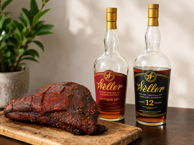 A perfectly smoked brisket served alongside premium bottles of Weller bourbon creates a classic and elegant pairing, perfect for a gourmet experience at home.