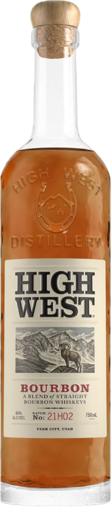 Bottle of High West Bourbon with an embossed distillery logo. The label features text and an illustration of a landscape with a deer.