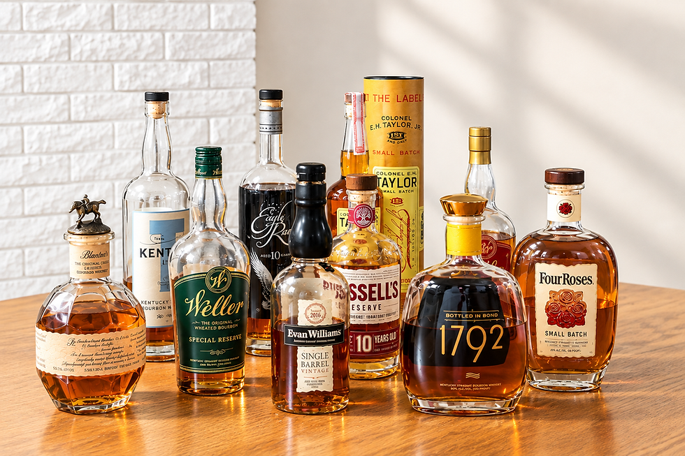 Assorted bourbon bottles, including Blanton’s, Weller, Eagle Rare and Four Roses, arranged on a wooden table against a brick wall.