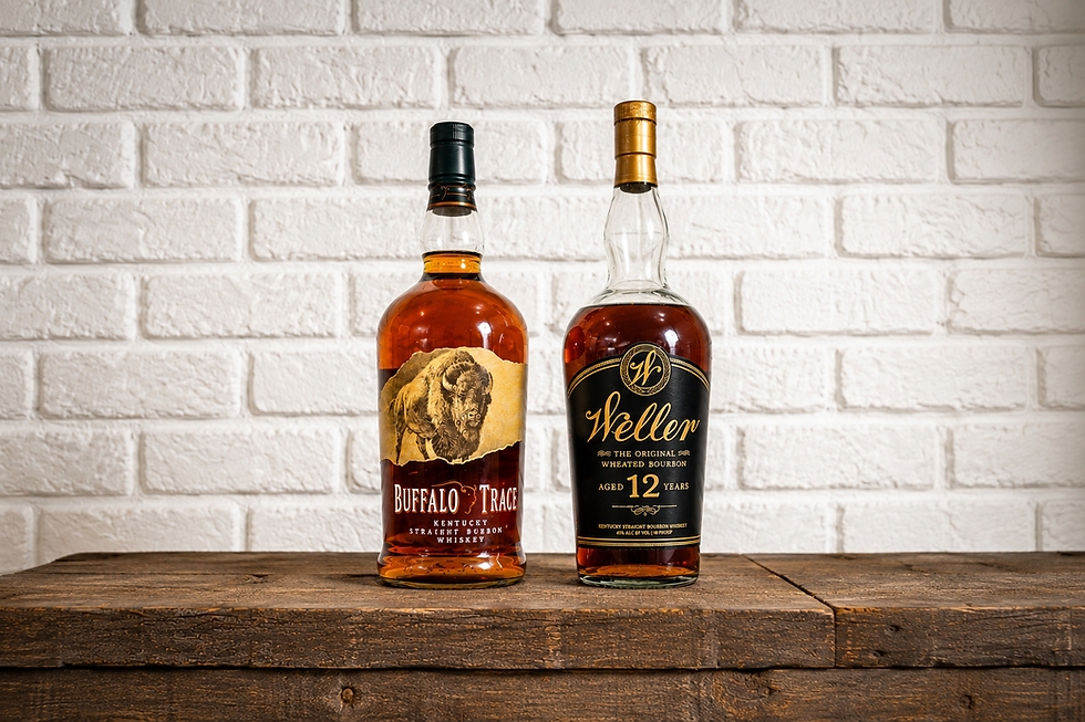 Two bourbon bottles on a rustic wooden table against a white brick wall, with Buffalo Trace and Weller 12 labels visible.