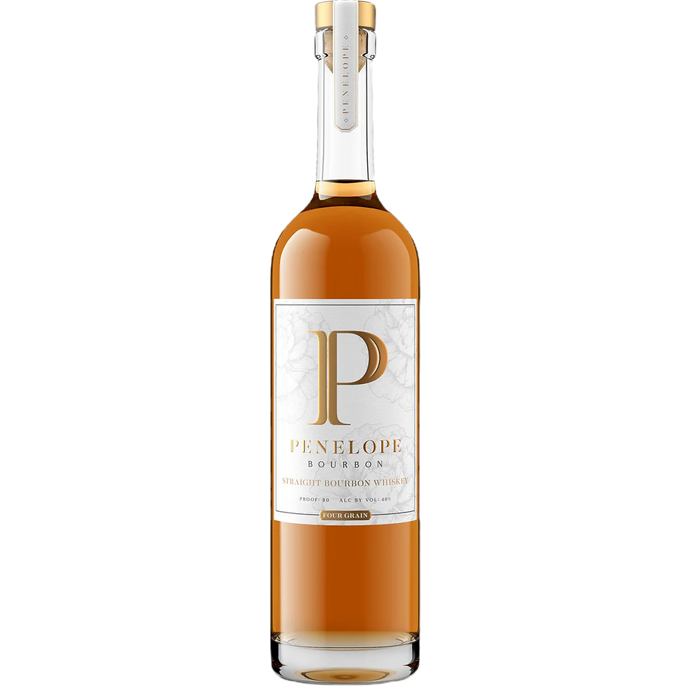 Bottle of Penelope Bourbon with a white and gold label, prominently featuring a large "P." Amber liquid inside, against a plain background.