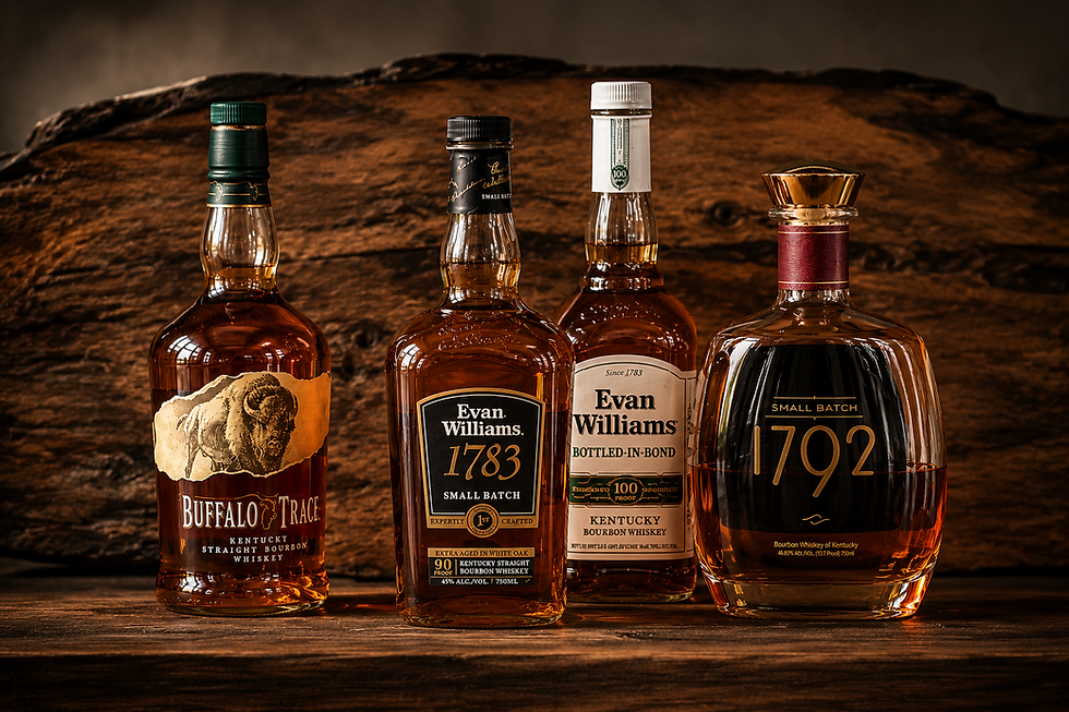 Four bourbon whiskey bottles on rustic wood, including Buffalo Trace, Elijah Craig, Evan Williams, and 1792, warmly lit.