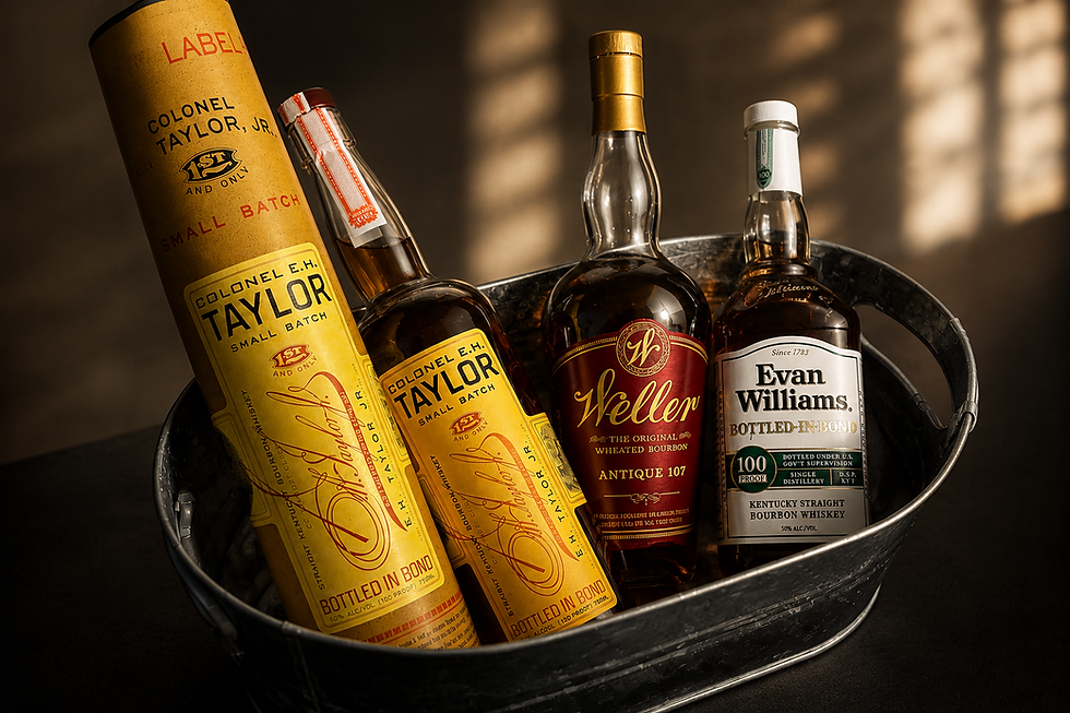 Four bourbon bottles in a galvanized bucket: Colonel E.H. Taylor, Weller Antique 107, and Evan Williams, warmly lit.
