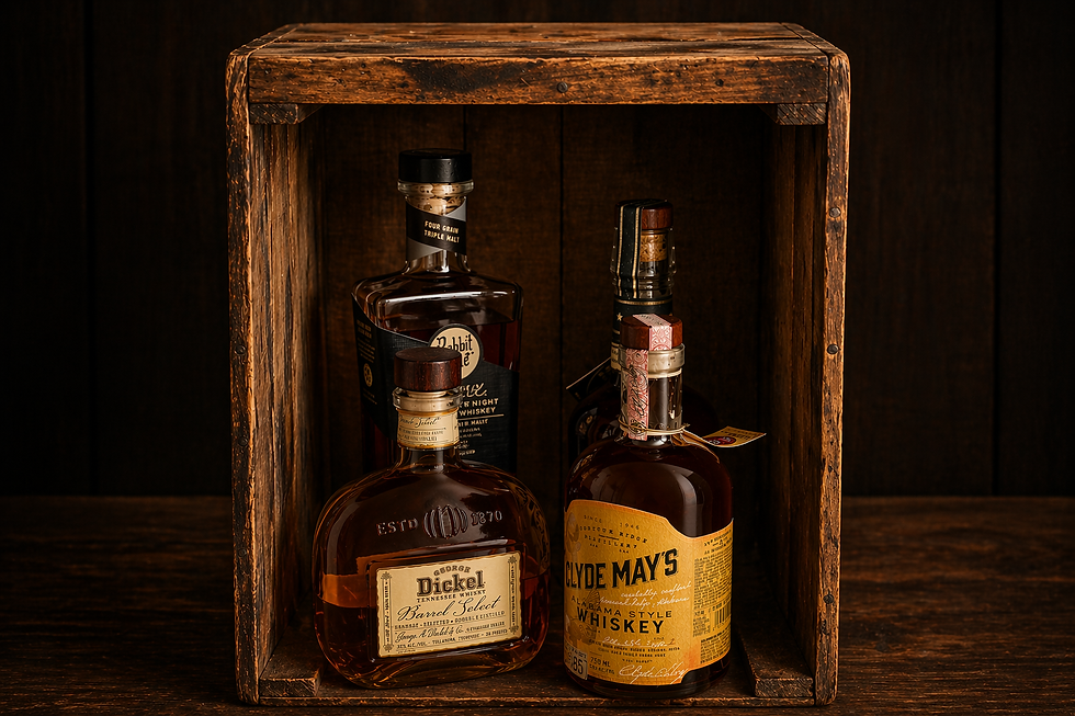 Wooden crate holds four whiskey bottles with distinctive labels, including "George Dickel" and "Clyde May's." Rustic brown background.