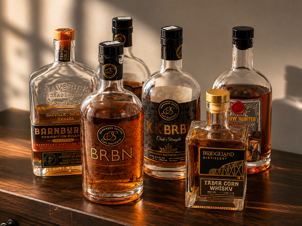 A curated collection of diverse whiskey bottles captured in warm afternoon light, highlighting the craftsmanship of distilleries from Oakville, Ontario to Okanagan and Bridgeland.