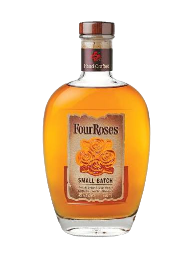 Bottle of Four Roses Small Batch bourbon with amber liquid, centered on black background; label says Hand Crafted and Small Batch.