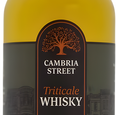 Bottle of Cambria Street Triticale Whisky with maplewood finish, black-and-gold label, 750 mL, 40% alc/vol.