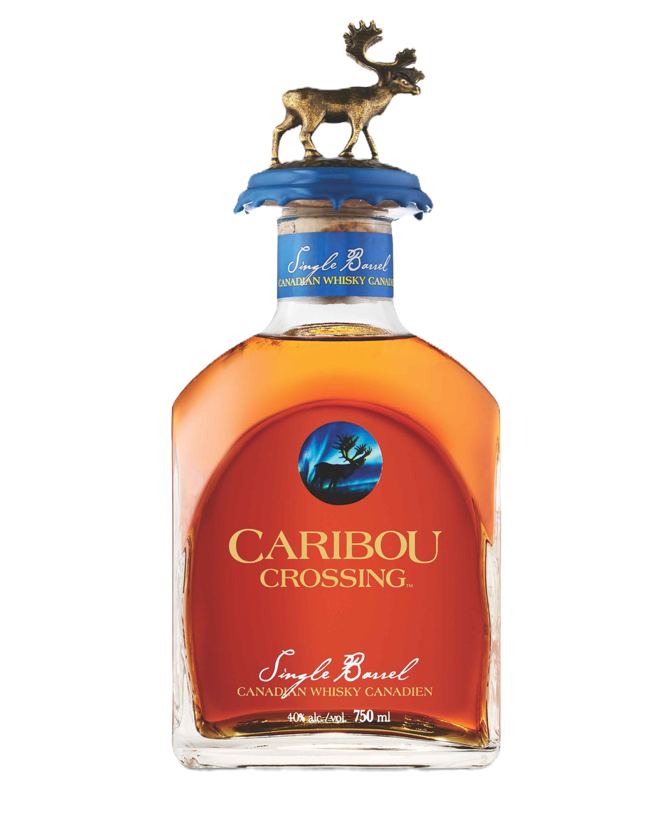 Caribou Crossing single barrel Canadian whisky bottle with moose topper, amber liquid, black background.