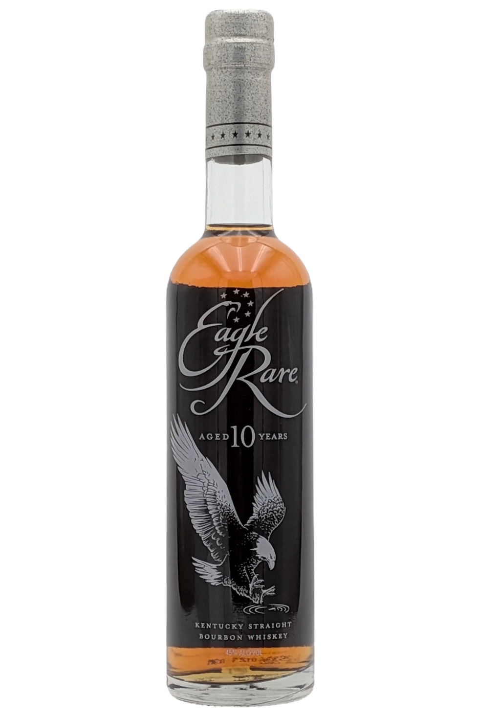 Bottle of Eagle Rare 10-year Kentucky straight bourbon whiskey with black label and eagle on a plain black background.
