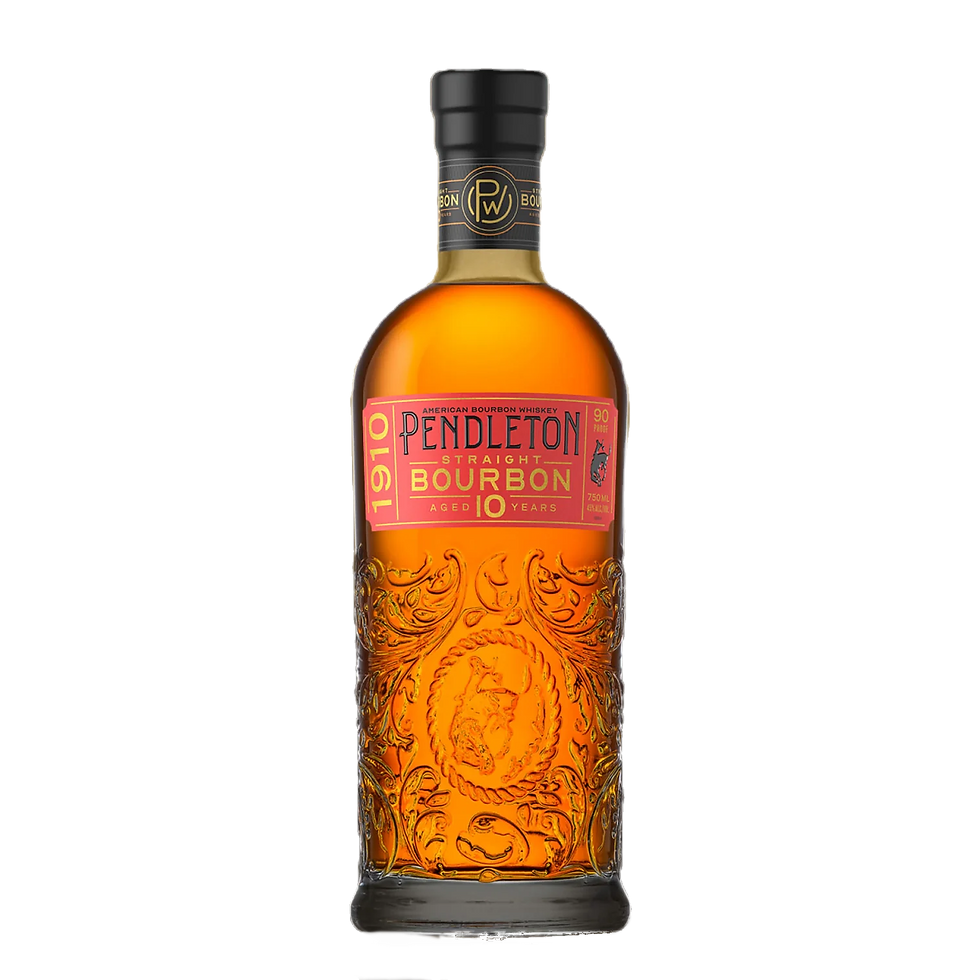 Pendleton Straight Bourbon whiskey bottle on black background, amber liquid, ornate glass, red label with 1910 and aged 10 years text