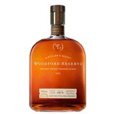 Brown bottle of Woodford Reserve Kentucky Straight Bourbon Whiskey, 750ml. Text includes "Distiller's Select" and "45.2% ALC/VOL."