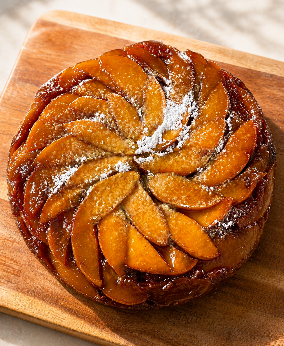 Glazed Peach Bourbon Upside-Down Cake with powdered sugar on a wooden board, golden fruit slices arranged in a spiral.