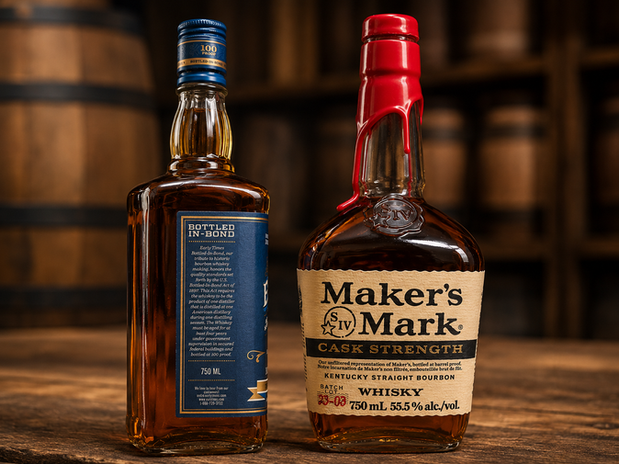 Two premium whiskey bottles, Maker's Mark Cask Strength and Early Times Bottled in Bond, displayed on a rustic wooden surface with barrels in the background, showcasing their rich heritage and craftsmanship