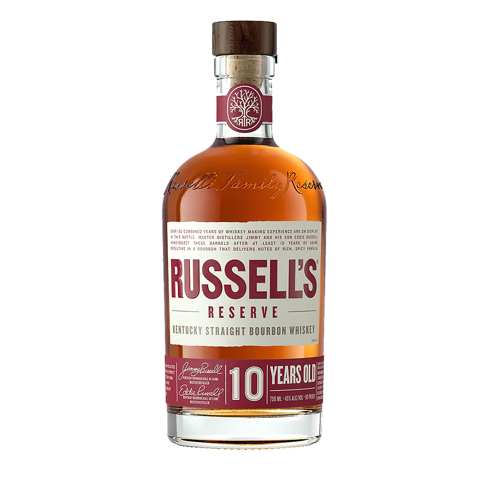 Bottle of Russell’s Reserve 10-year-old Kentucky straight bourbon whiskey on a black background, amber liquid and maroon label
