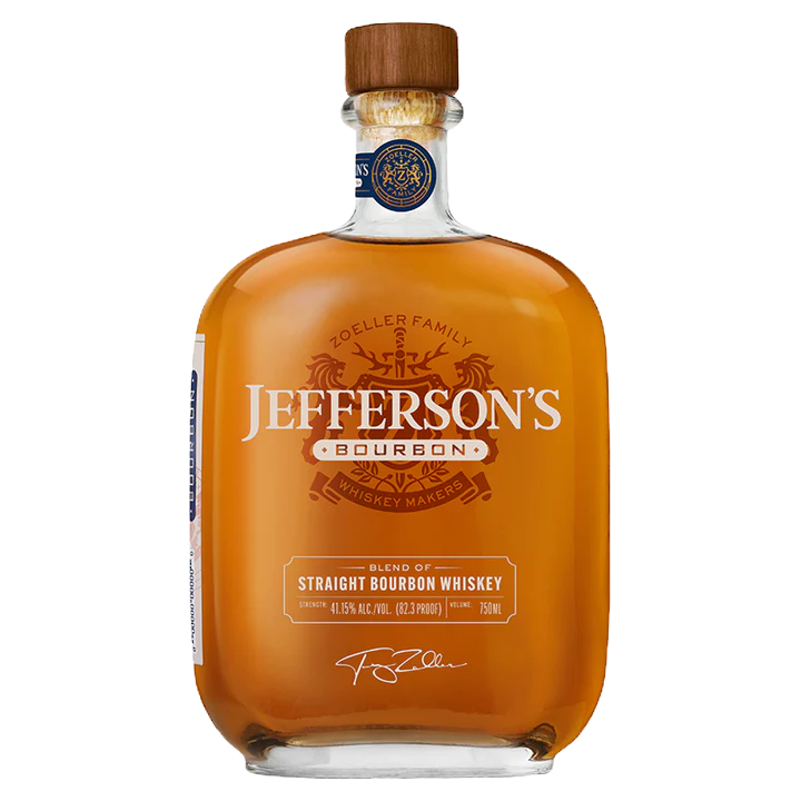A bottle of Jefferson's Bourbon with a wooden cap and amber whiskey visible. Label reads: Jefferson's, Straight Bourbon Whiskey, 750ml.