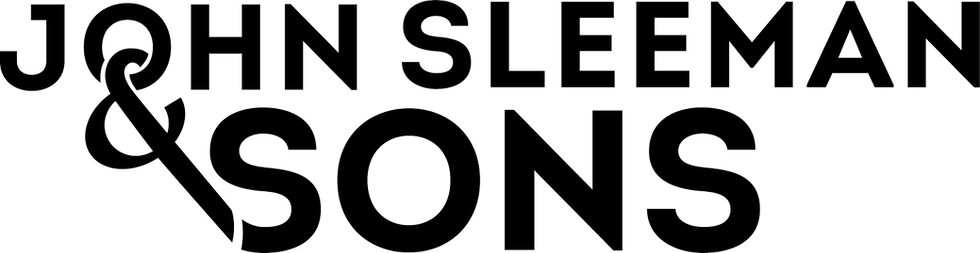 White outlined JOHN SLEEMAN & SONS logo on a black background, bold and minimalist.