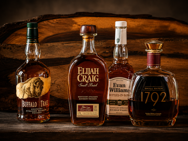 A selection of Bourbon whiskies showcasing renowned alternatives to Buffalo Trace, featuring Elijah Craig, Evan Williams, and 1792 Small Batch, elegantly displayed against a rustic wooden backdrop.