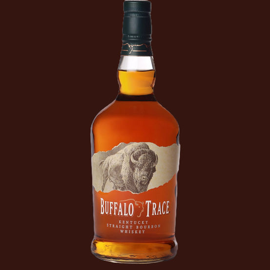 A classic bottle of Buffalo Trace Kentucky Straight Bourbon Whiskey, featuring its iconic buffalo illustration and rich amber color.