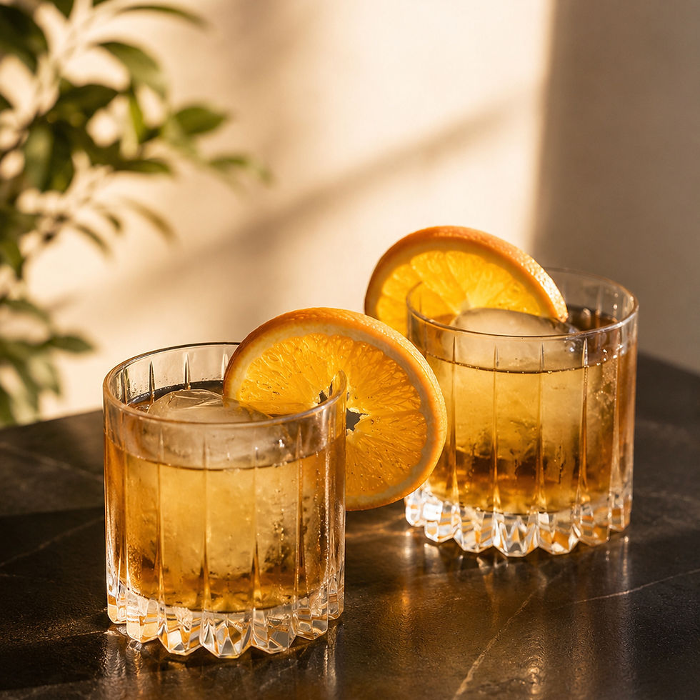 Two whiskey cocktails with ice and orange slices on a dark table in warm sunlight, with a blurred plant in the background