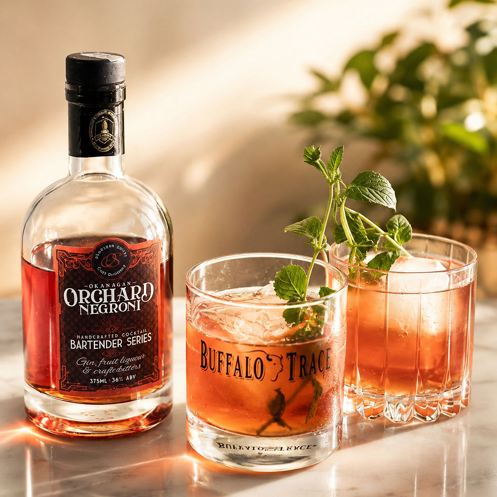 Bottle of Okanagan Orchard Negroni beside two iced mint cocktails in rocks glasses, one labeled Buffalo Trace, on a sunlit table.