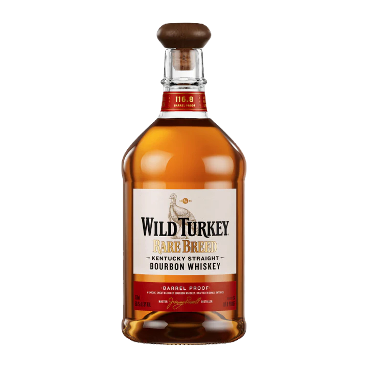 Bottle of Wild Turkey Rare Breed Bourbon Whiskey with a brown cap and red label. Text: Kentucky Straight, Barrel Proof, 116.8 proof.