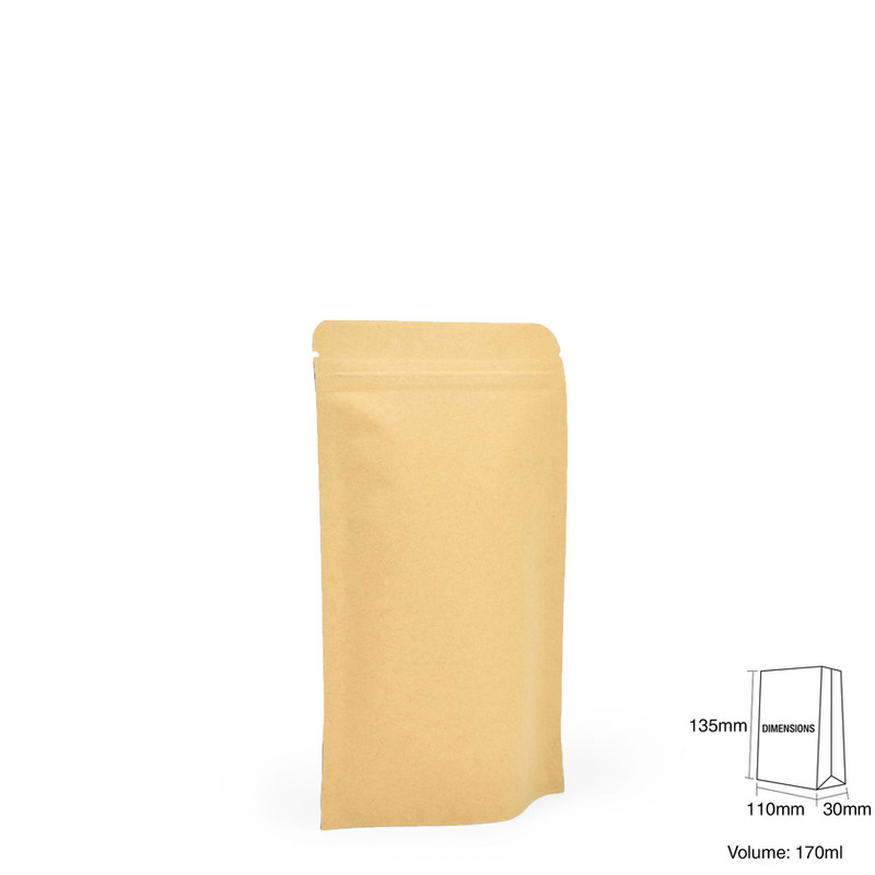 Stand-Up Windowless Kraft Food Pouches, Zip Lock & Heat Seal - 110 x 185 x 30mm view 2