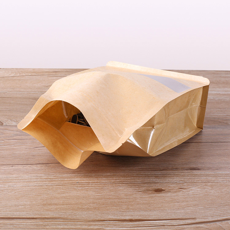 Standup Flat Bottom Windowed Kraft Food Pouches, ZipLock, HeatSeal -180x280x80mm view 6