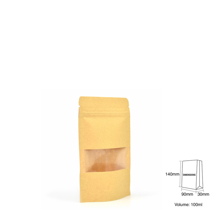 Kraft Windowed Stand-Up Pouches, Zip Lock & Heat Seal - 90x140mm view 2