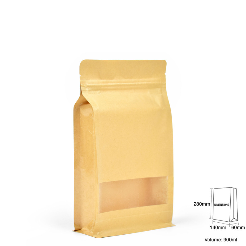 Standup Flat Bottom Windowed Kraft Food Pouches, ZipLock, HeatSeal -140x240x60mm view 2