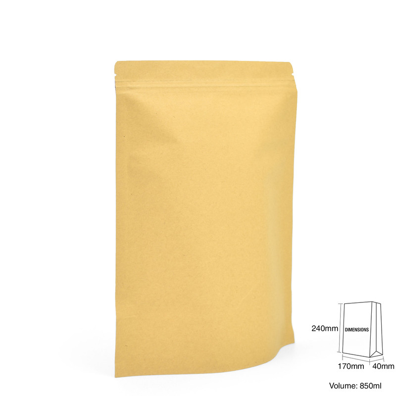 Standup Windowless Kraft Food Pouches, ZipLock & HeatSealable - 170 x 240 x 40mm view 2