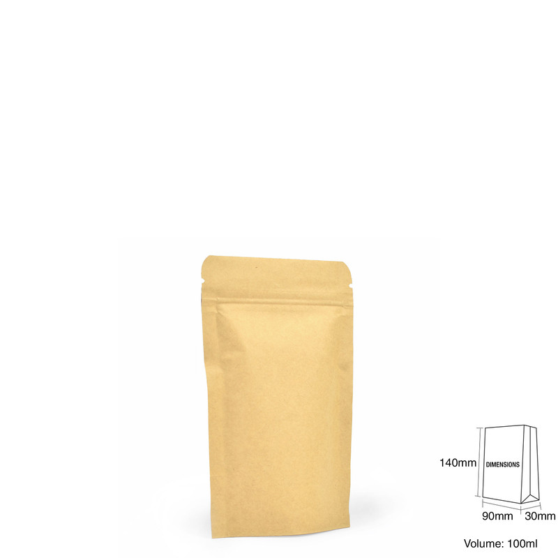 Stand-Up Windowless Kraft Food Pouches, Zip Lock & Heat Seal - 90 x 140 x 30mm view 2