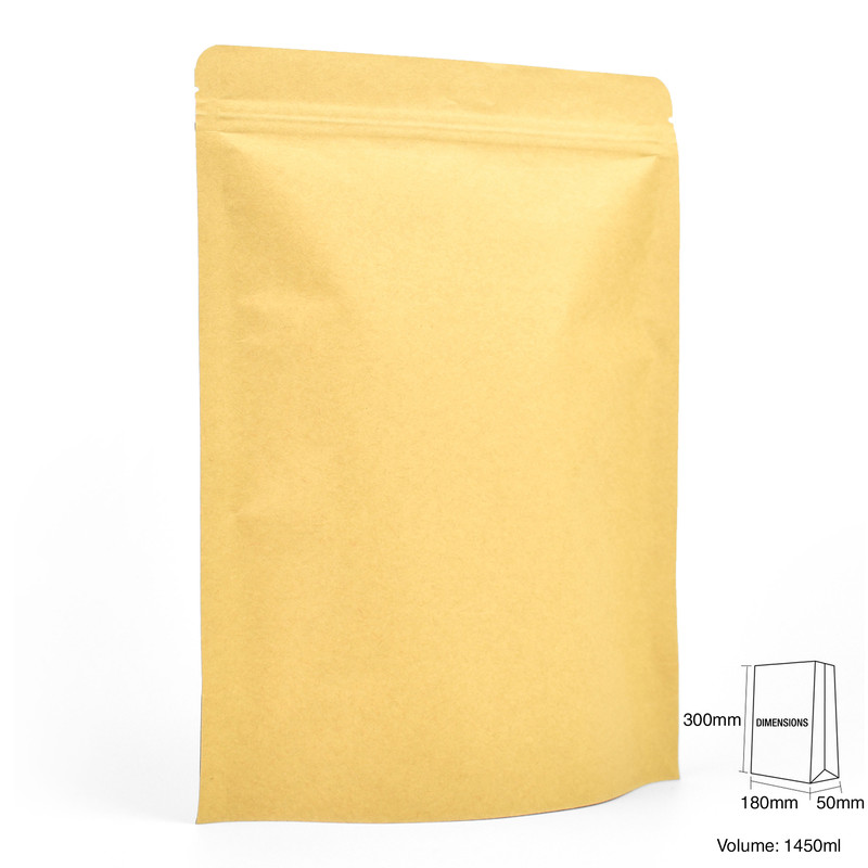 Stand-Up Windowless Kraft Food Pouches, Zip Lock & Heat Seal - 180 x 300 x 50mm view 2