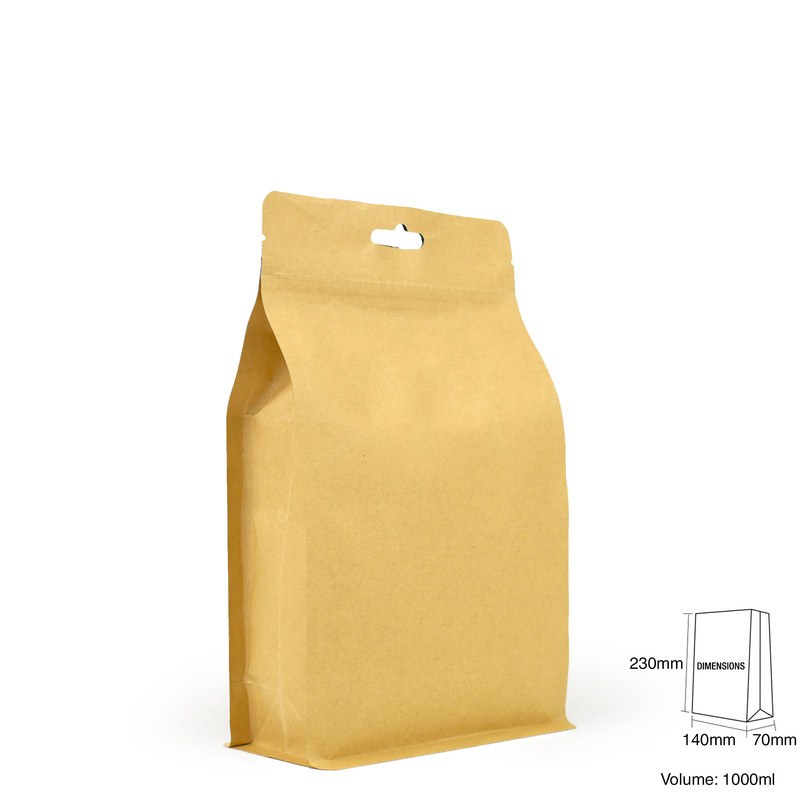 Standup Flat Bottom Windowless Kraft Food Pouches ZipLock HeatSeal, 140x230x70mm view 2