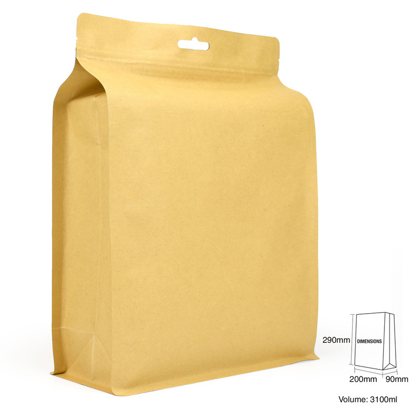 Standup Flat Bottom Windowless Kraft Food Pouches, ZipLock HeatSeal 200x290x90mm view 2