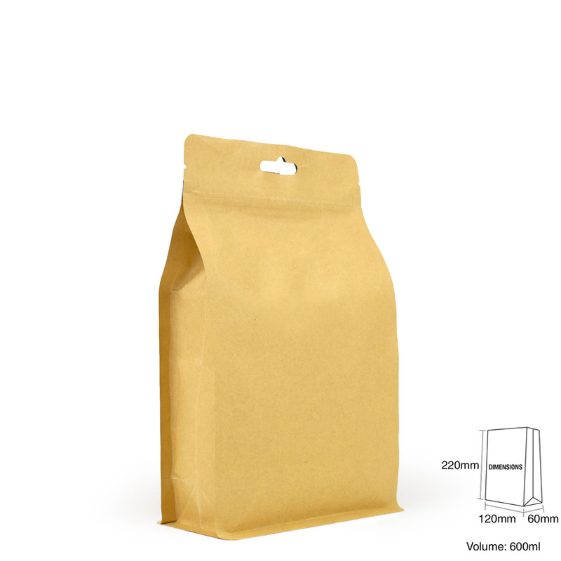 Stand-Up Flat Bottom Kraft Food Pouches, Zip Lock & Heat Seal, 120x220x60mm view 2