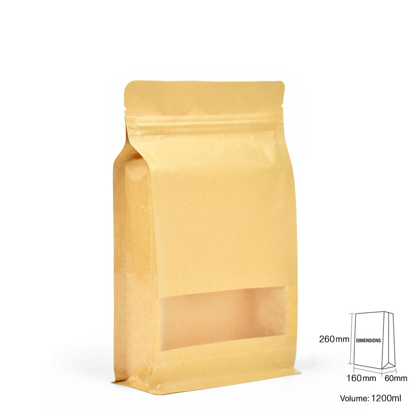 Standup Flat Bottom Windowed Kraft Food Pouches, ZipLock, HeatSeal -160x260x60 view 2