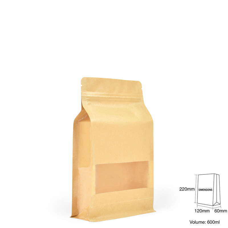 Standup Flat Bottom Windowed Kraft Food Pouches, Ziplock, Heatseal -120x220x60mm view 2